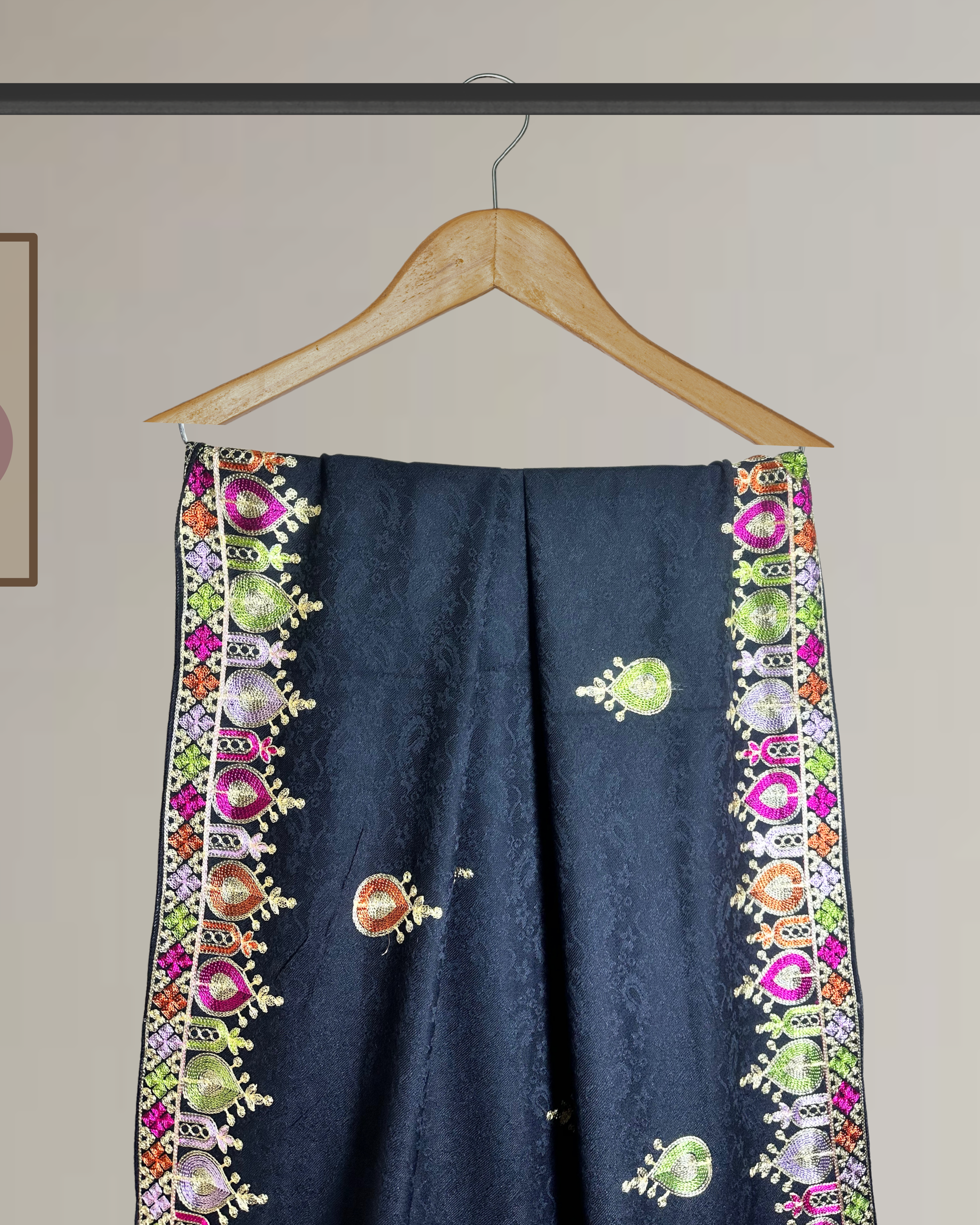 Kashmiri Style Multi-Color Embroidery Winter Shawl - Ws109