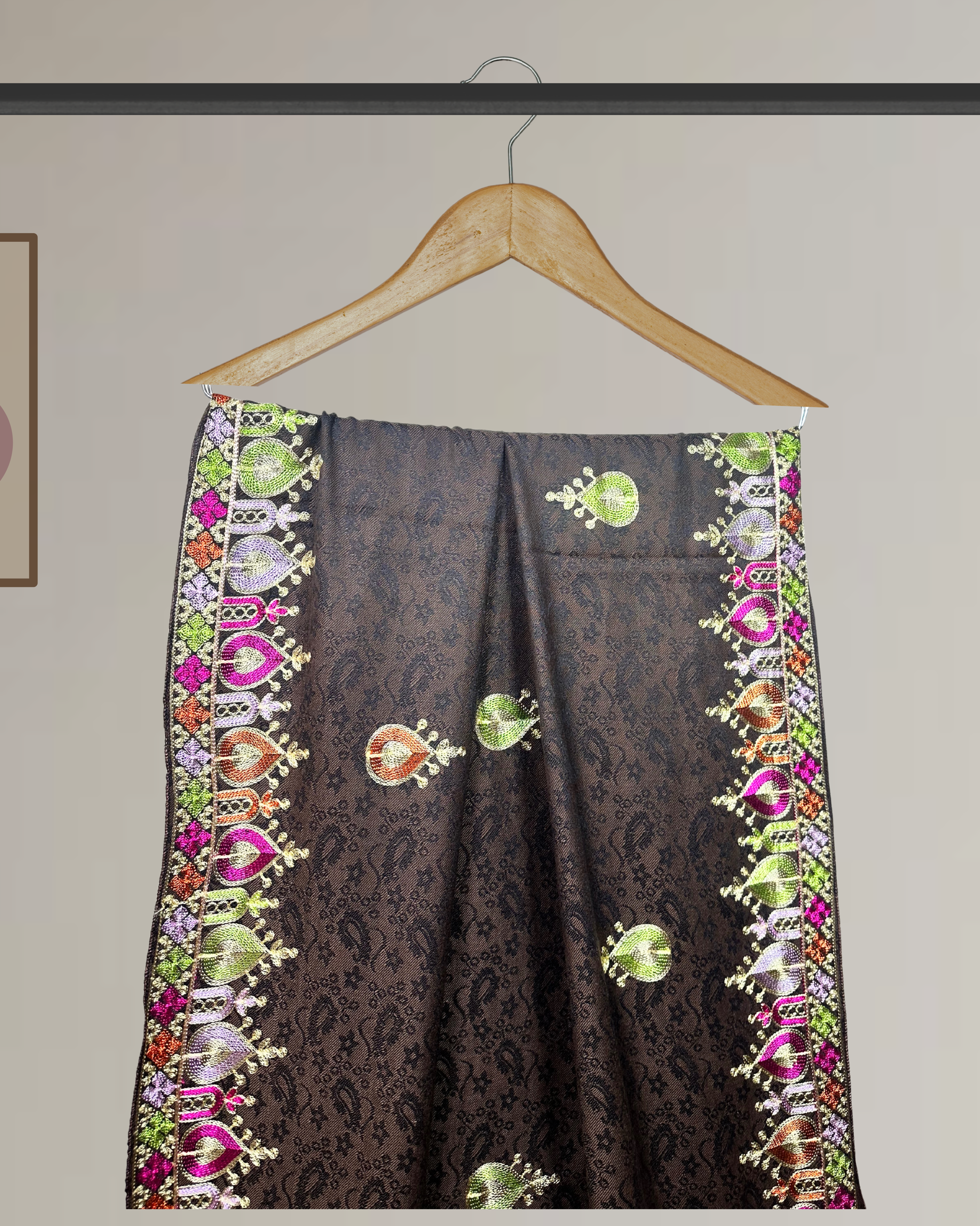 Kashmiri Style Multi-Color Embroidery Winter Shawl - Ws110