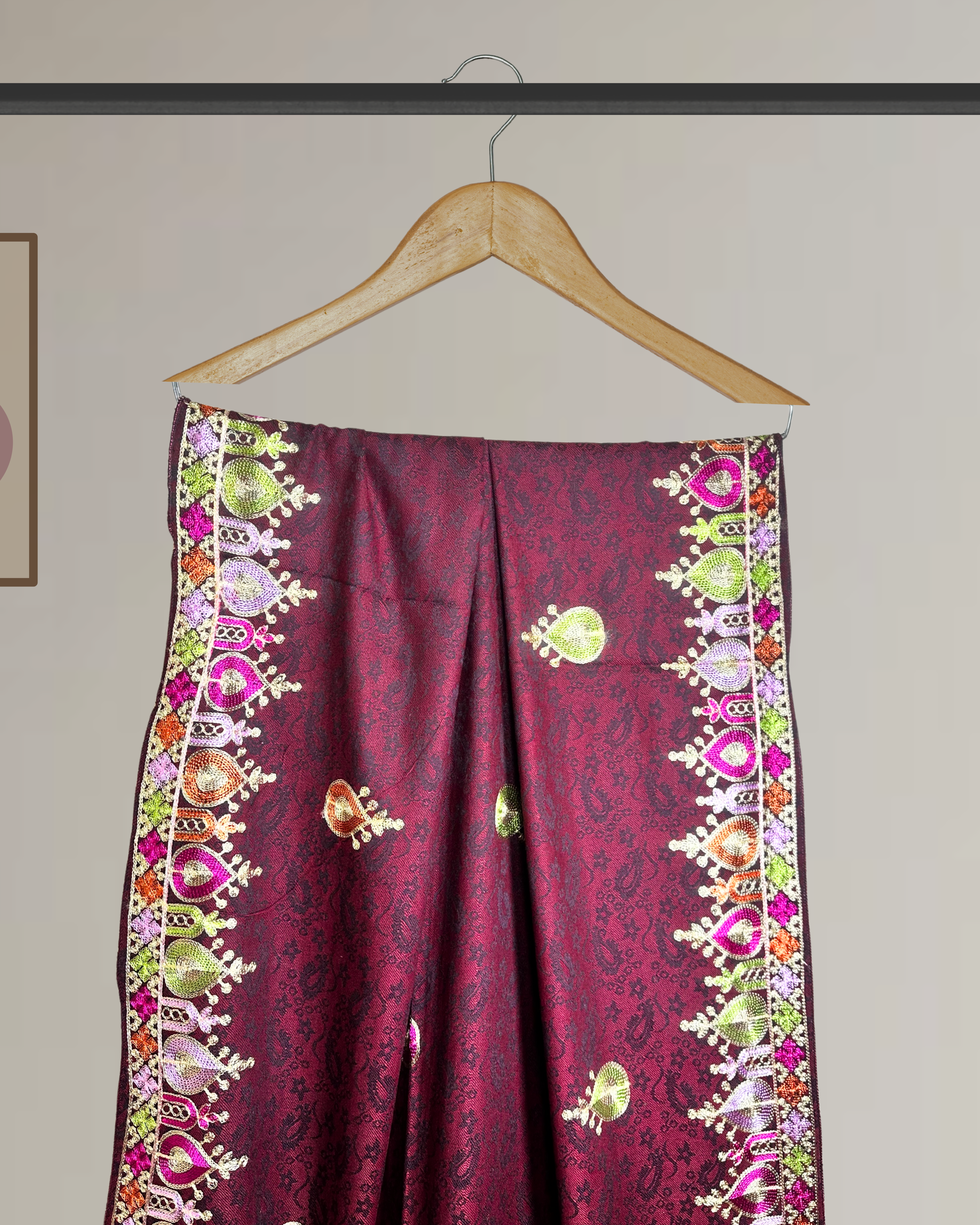 Kashmiri Style Multi-Color Embroidery Winter Shawl - Ws113